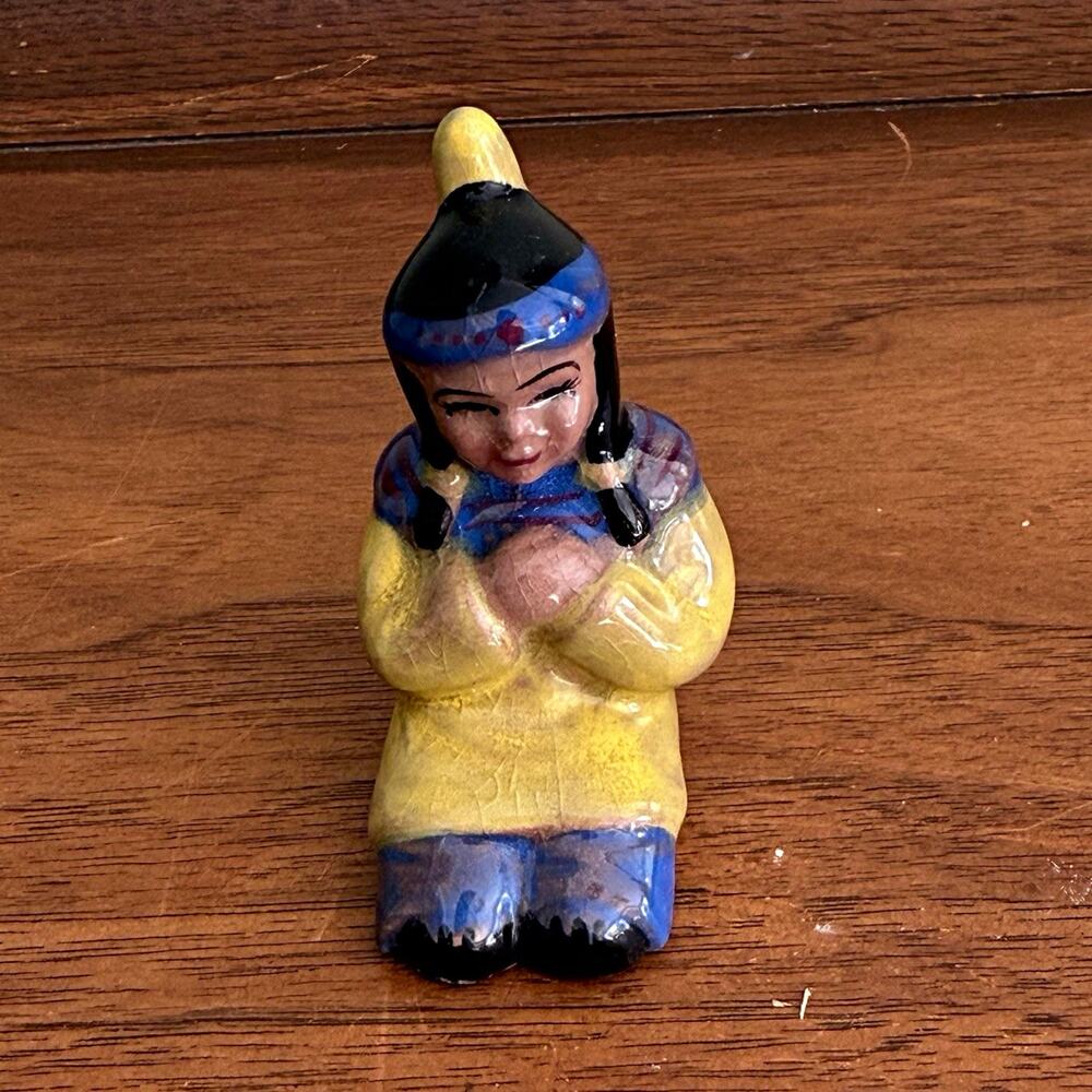 Hand Painted Ceramic Girl Figurine Yellow Blue Black Small 3 in Tall